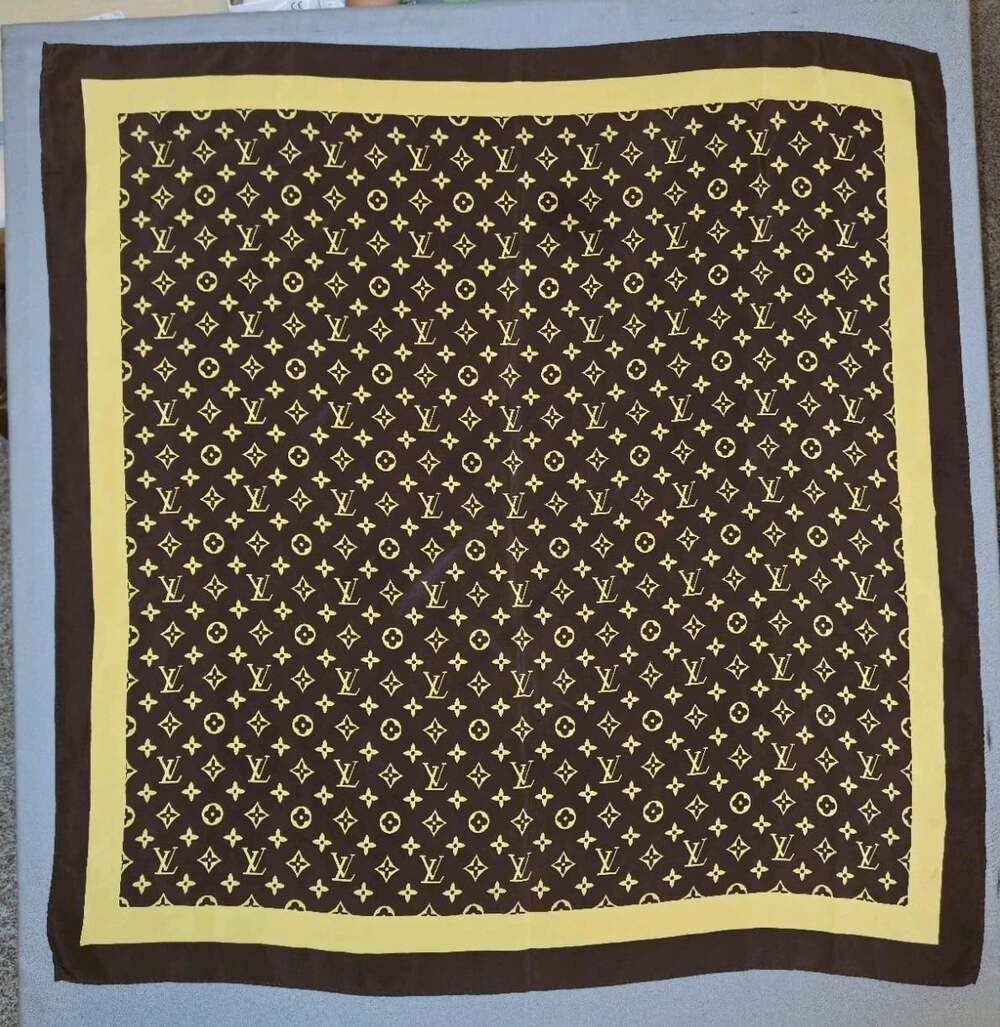 LOUIS VUITTON Brown Beige Monogram Silk Scarf 33x33
